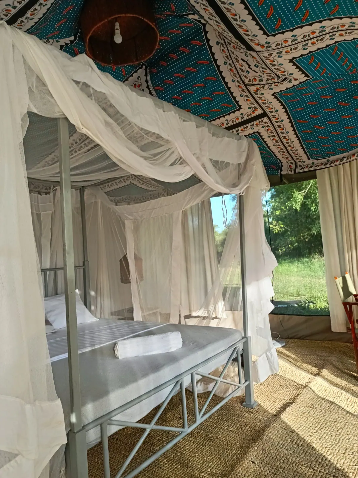 Daylit tent interior with patterned canvas