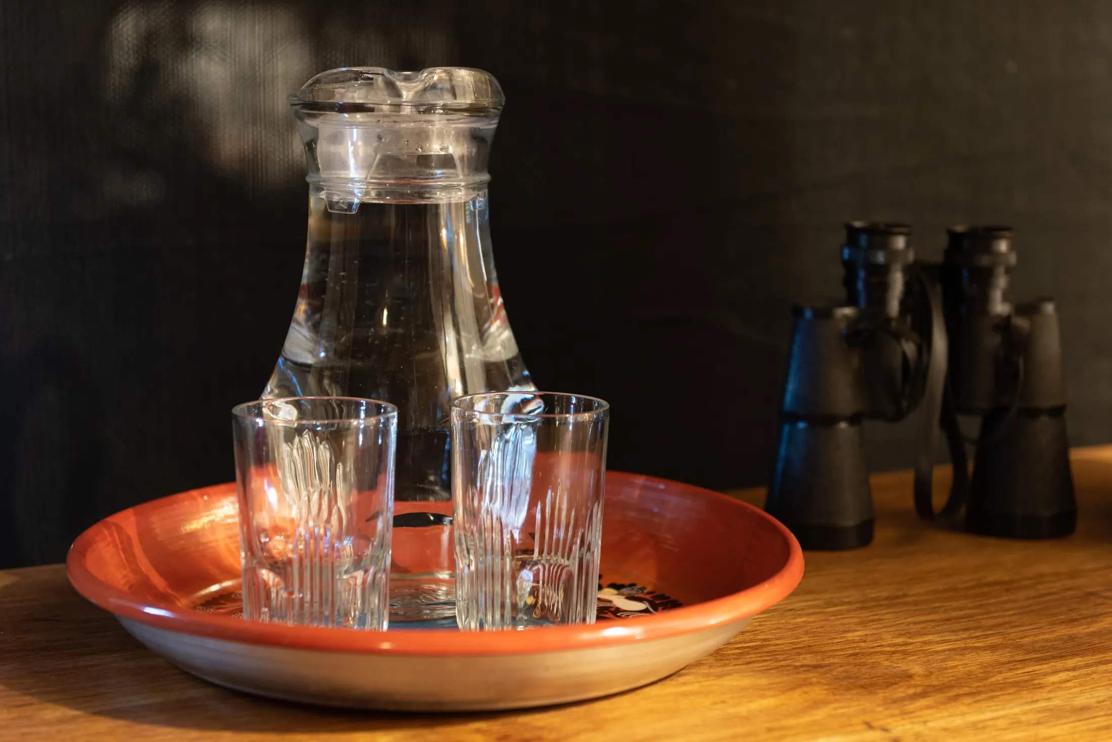 Refillable water jug and glasses at Nje Bush Camp